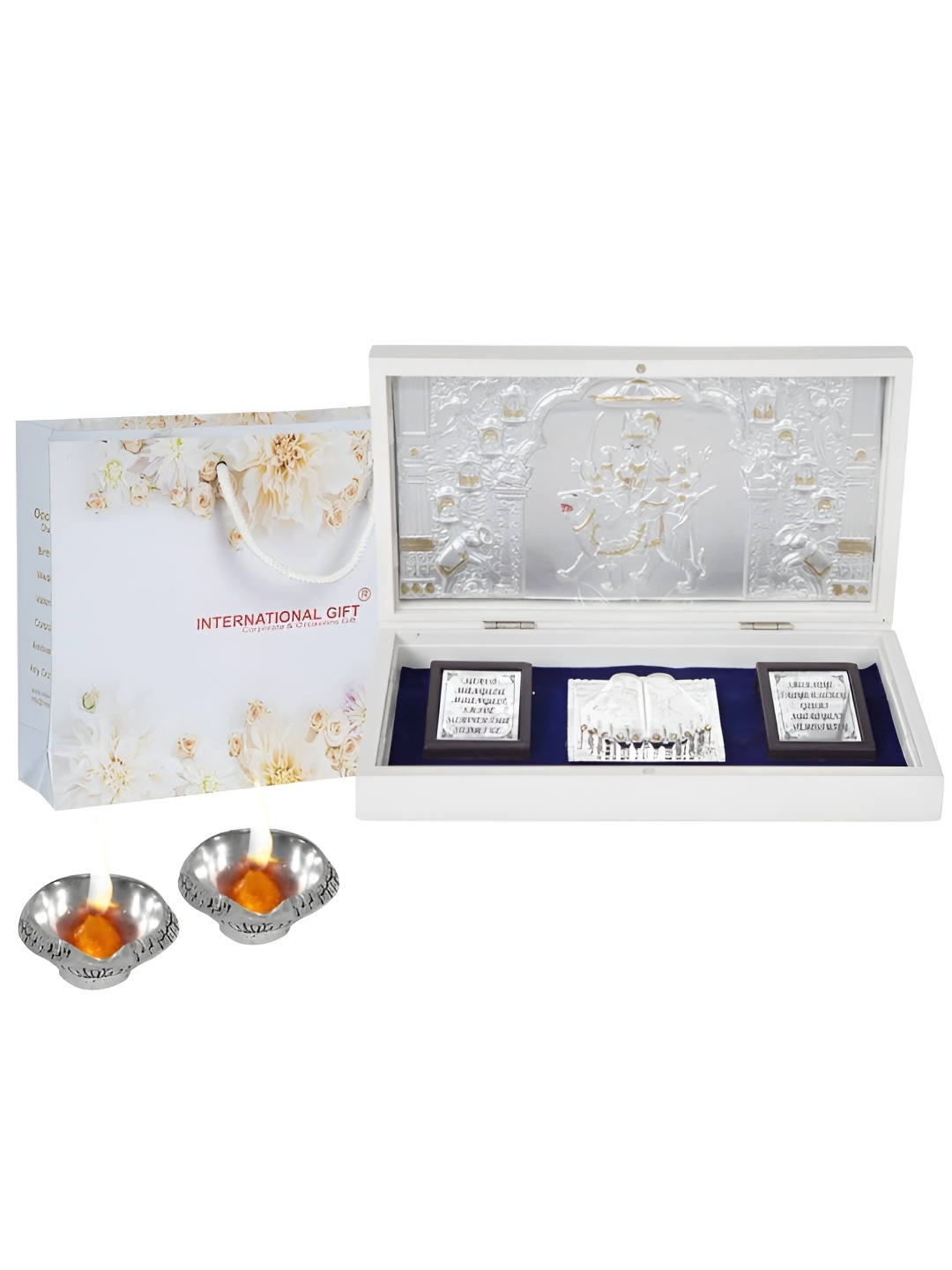 

INTERNATIONAL GIFT Silver-Toned Durga Mata Charan Paduka Box with 2 Diya