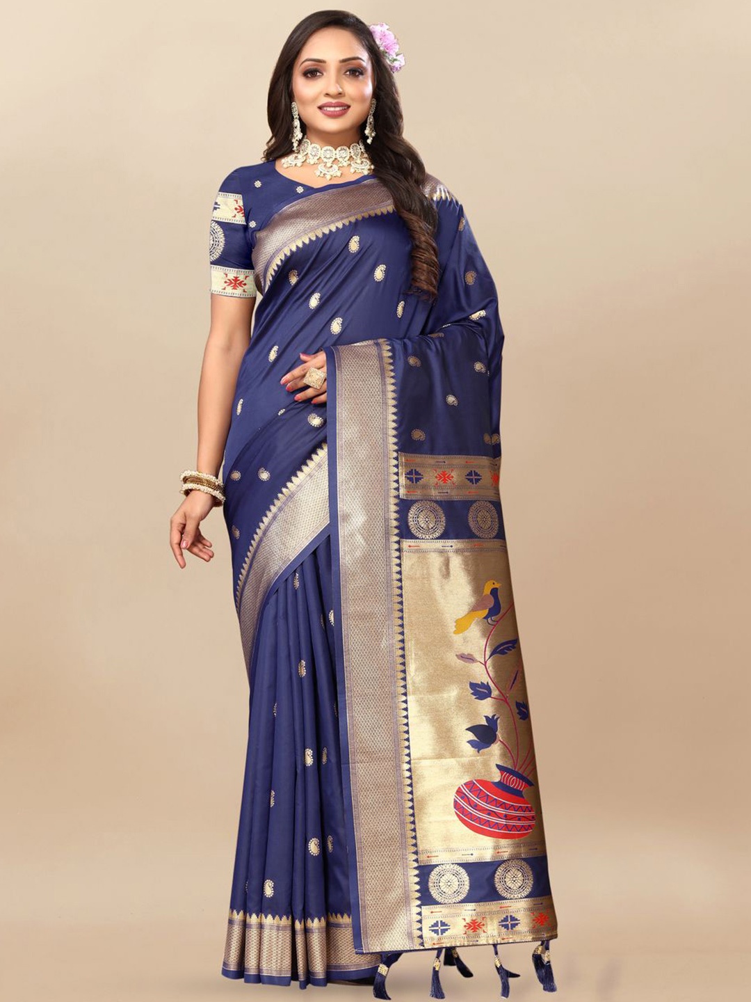 

MOKSHA DESIGNS Ethnic Motifs Zari Pure Silk Paithani Saree, Navy blue