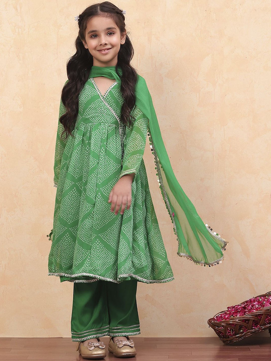 

Biba Girls Bandhani Printed V-Neck Anarkali Kurta with Palazzos & Dupatta, Green