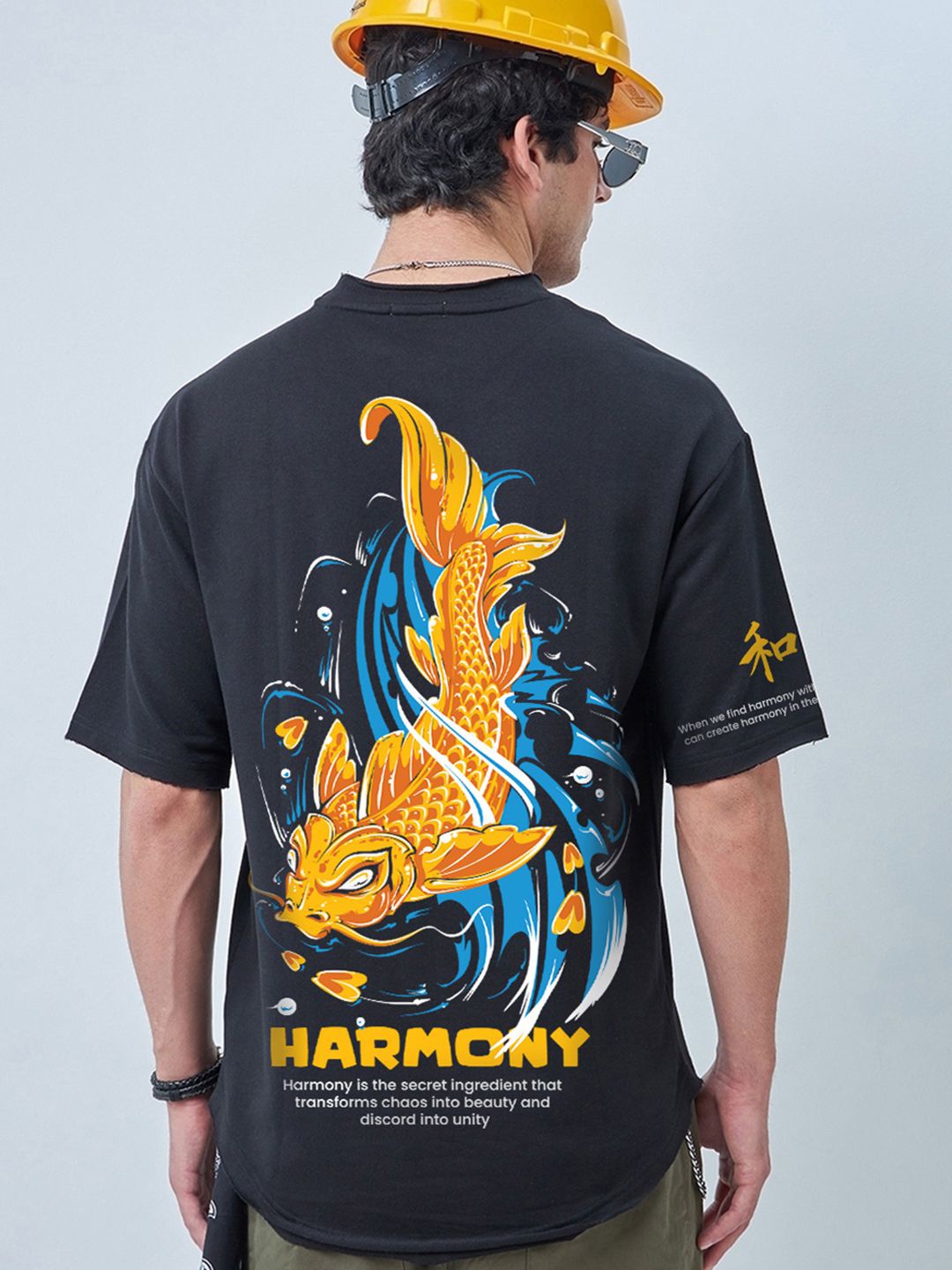 

Bewakoof Heavy Duty 1.0 Men Black Harmony Graphic Printed Oversized T-shirt
