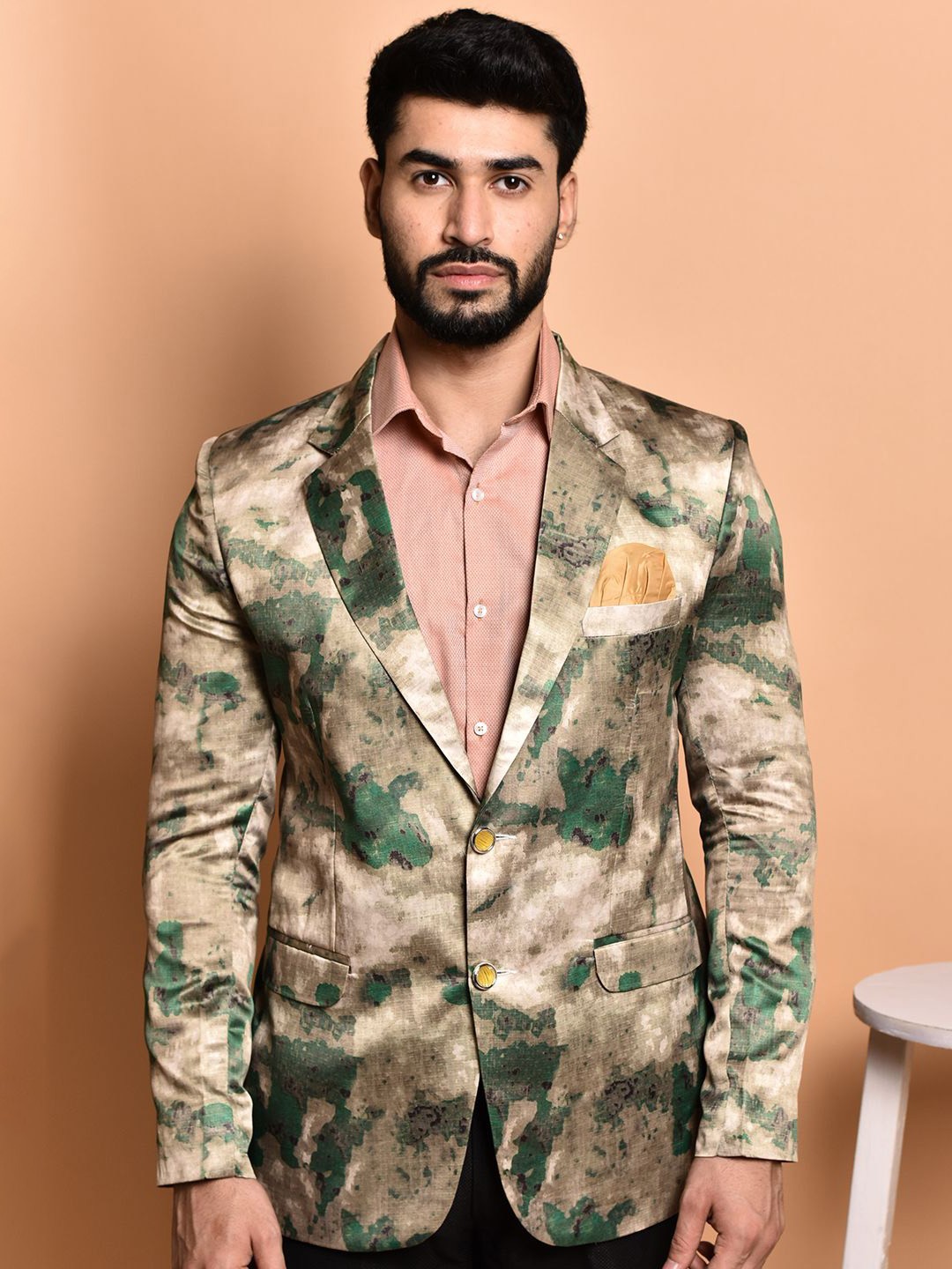 

PRINTCULTR Abstract Printed Notched Lapel Collar Single-Breasted Casual Blazer, Green