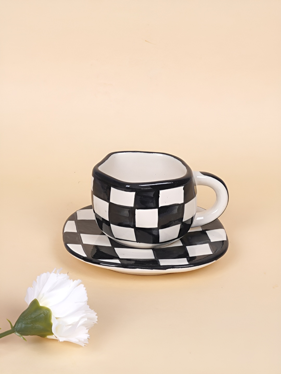 

NURTURE INDIA Black & White 2 Pieces Printed Ceramic Glossy Checkmate Cups and Saucers