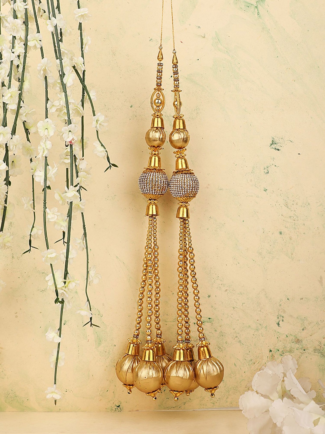 

ANIKAS CREATION Set Of 2 Gold Plated Beaded & Studded Hanging Latkans