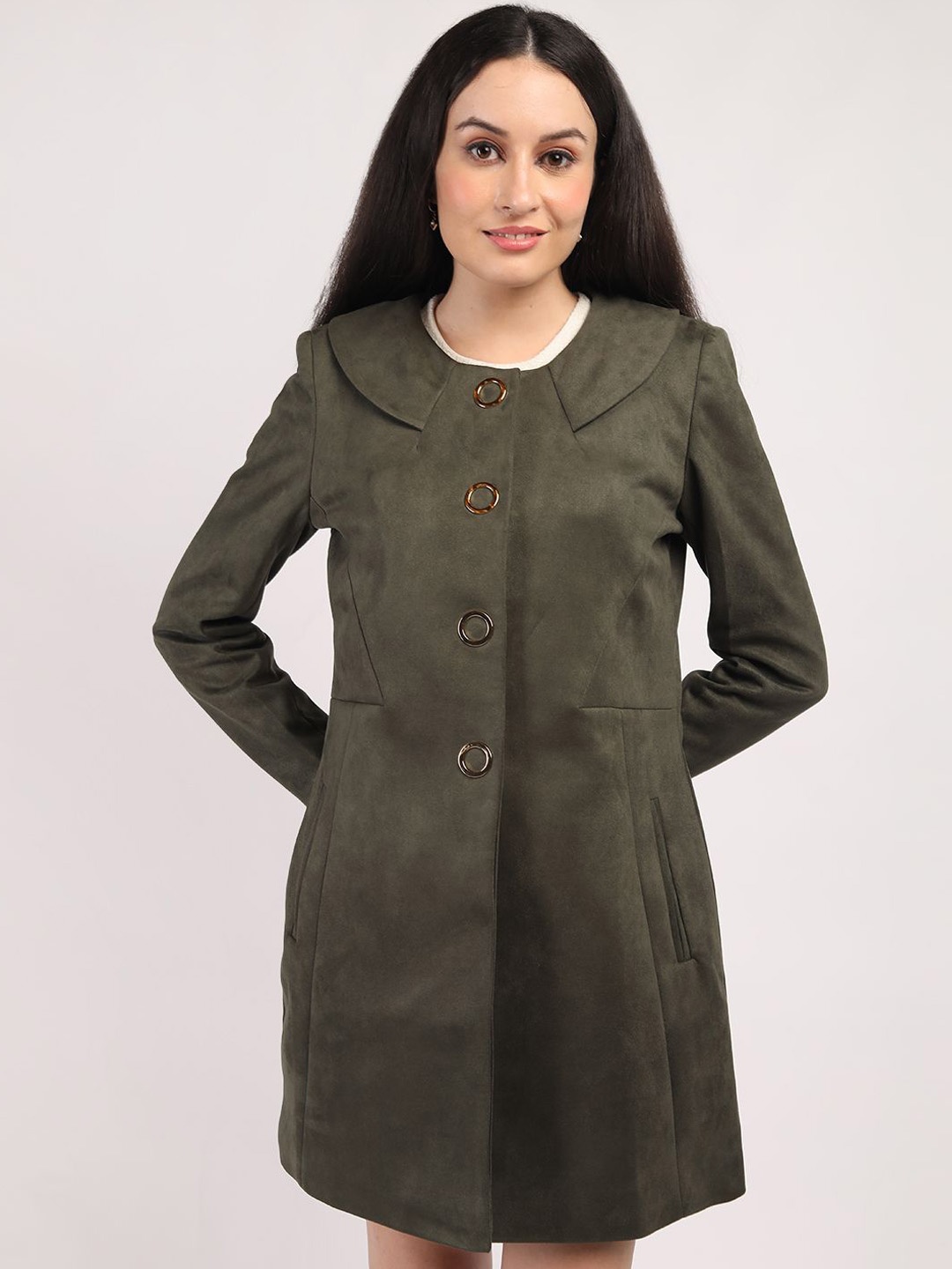 

HONNETE Women Peter Pan Collar Single-Breasted Overcoat, Olive