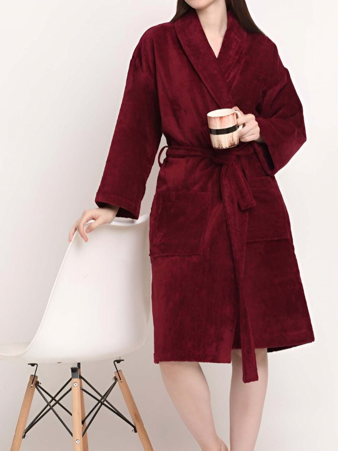 

BOMBAY DYEING Purple Pure Cotton Long Sleeve Bath Robe With Waist Belt, Maroon