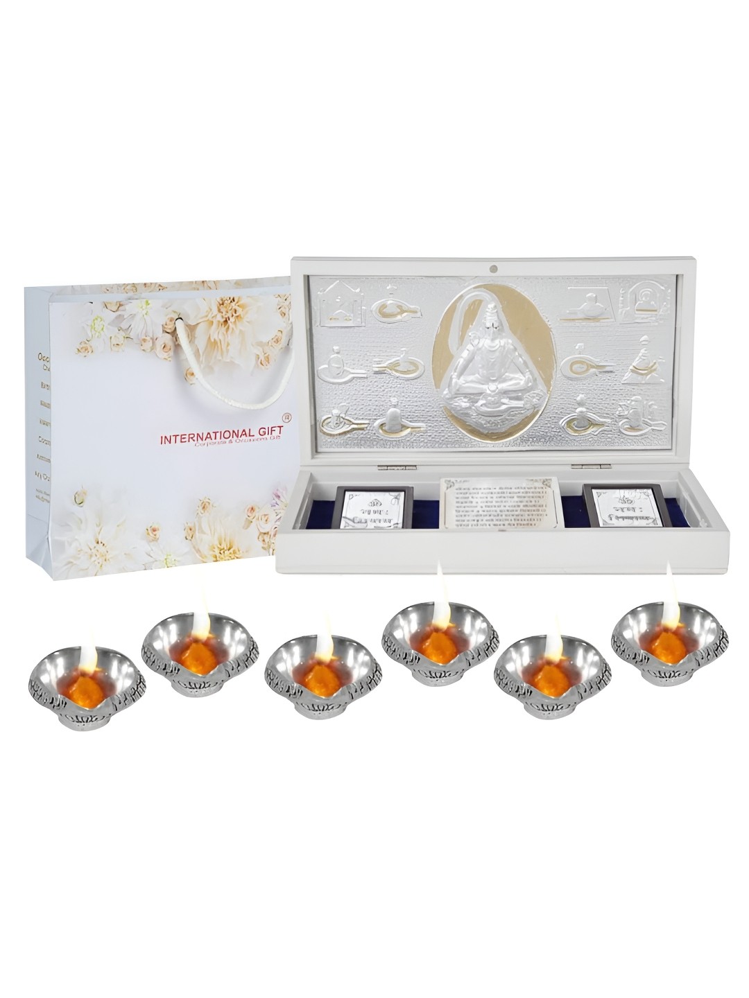 

INTERNATIONAL GIFT Silver-Toned Religious Lord Shiv Charan Paduka Showpiece with 6 Diya