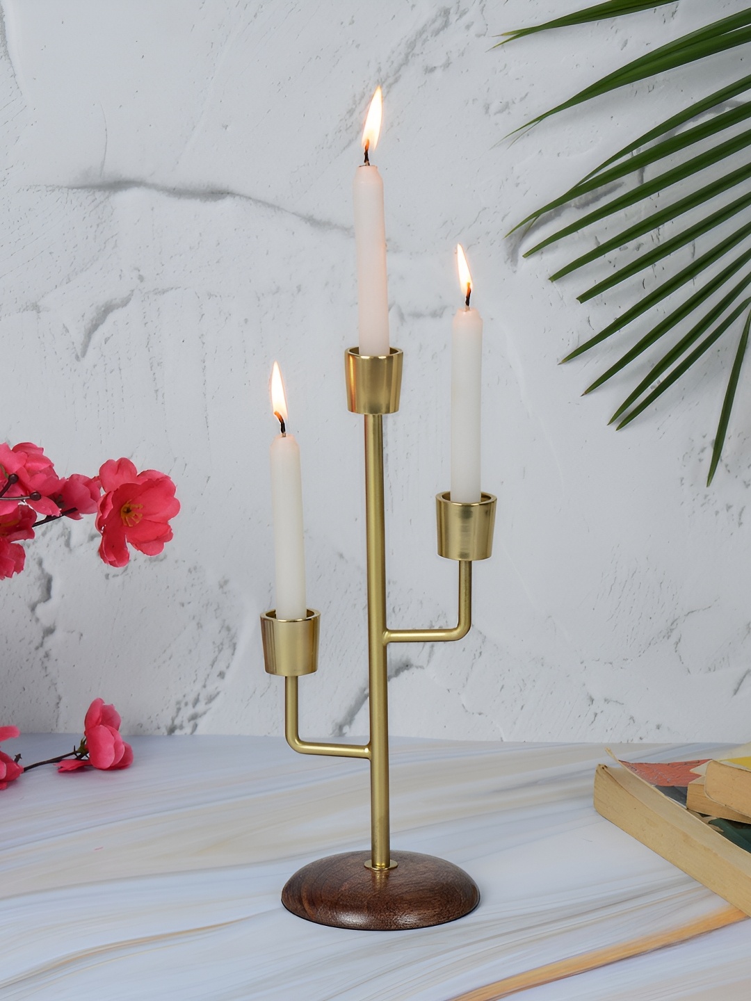 

Maison Modern Gold Toned & Brown Metal Wooden Candle Holder