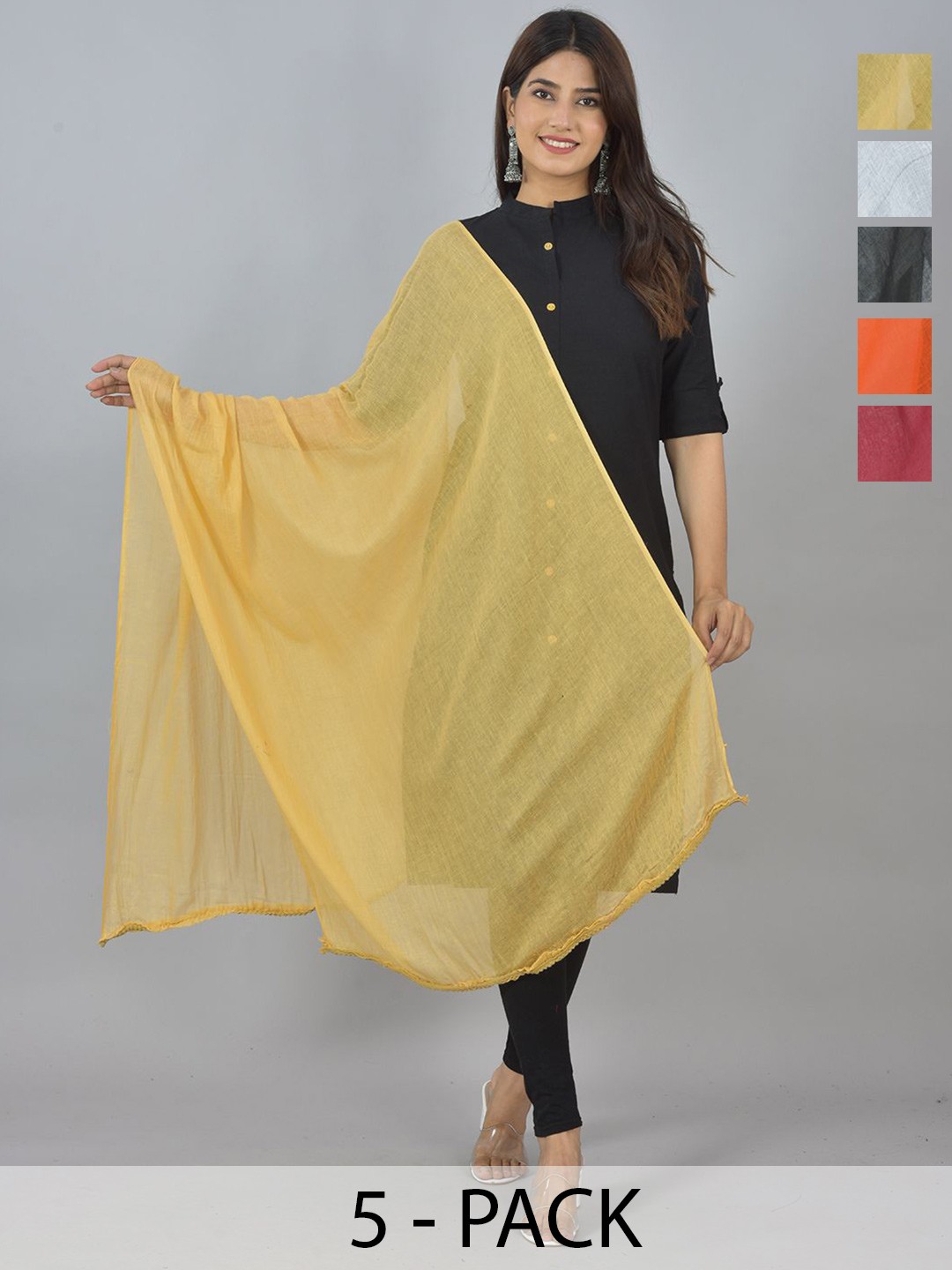 

LA FEMINAE Pack Of 5 Pure Cotton Dupattas, Black