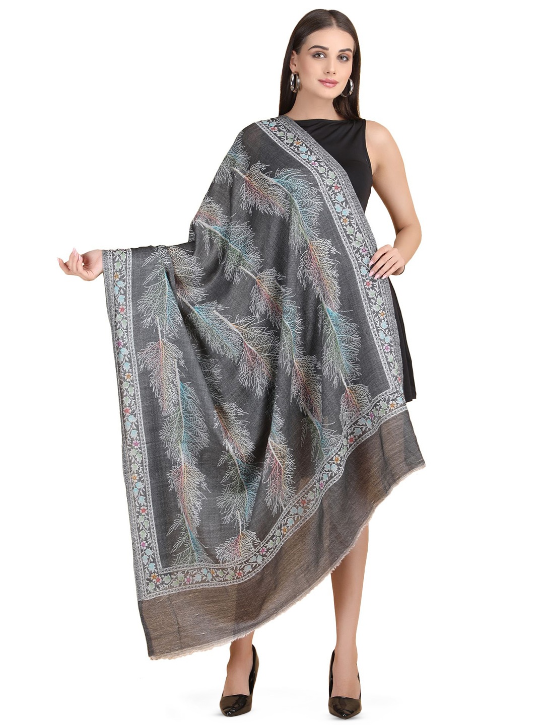 

Stole & Yarn Unisex Woven Design Woolen Stole, Grey