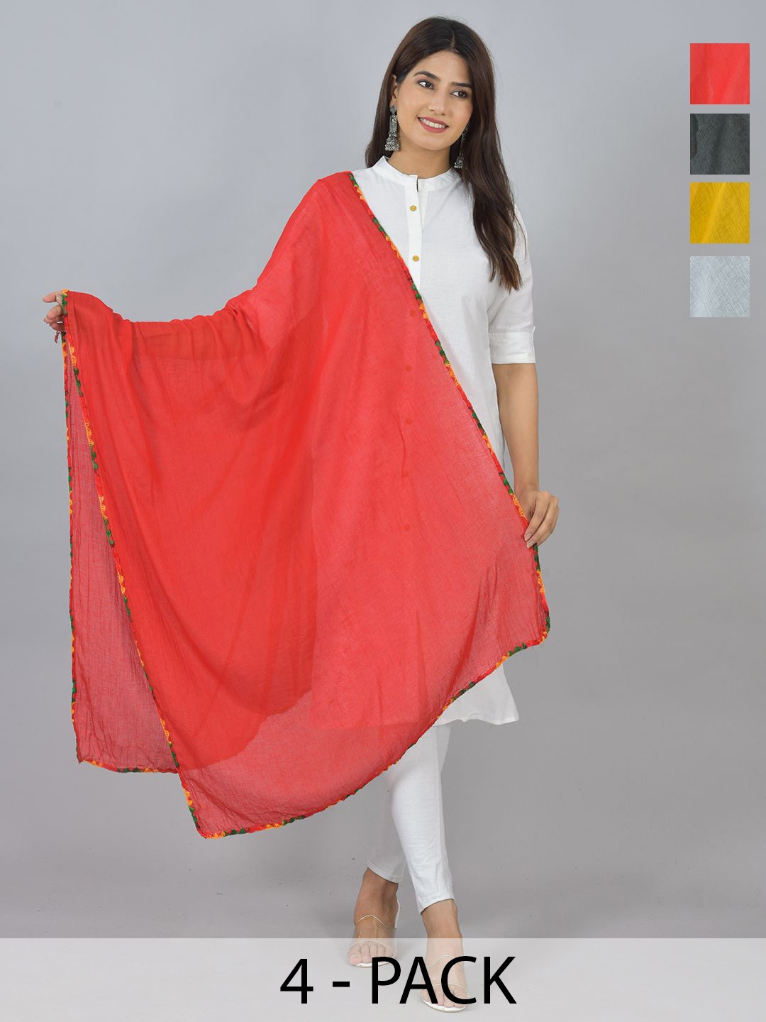 

LA FEMINAE Pack Of 4 Pure Cotton Dupatta, Yellow