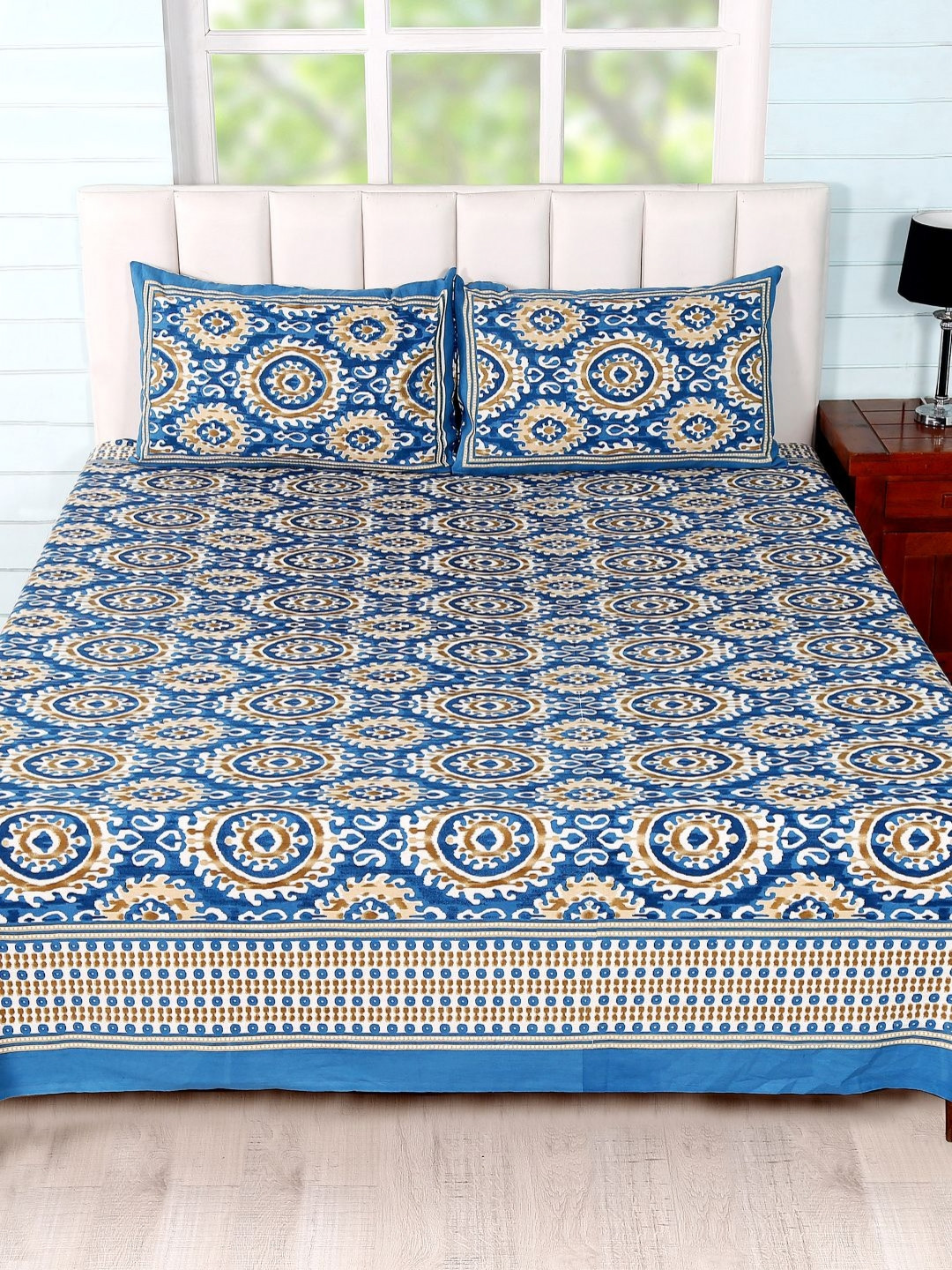 

Soumya Navy Blue & Beige Printed 260 TC Pure Cotton Queen Bedsheet with 2 Pillow Covers