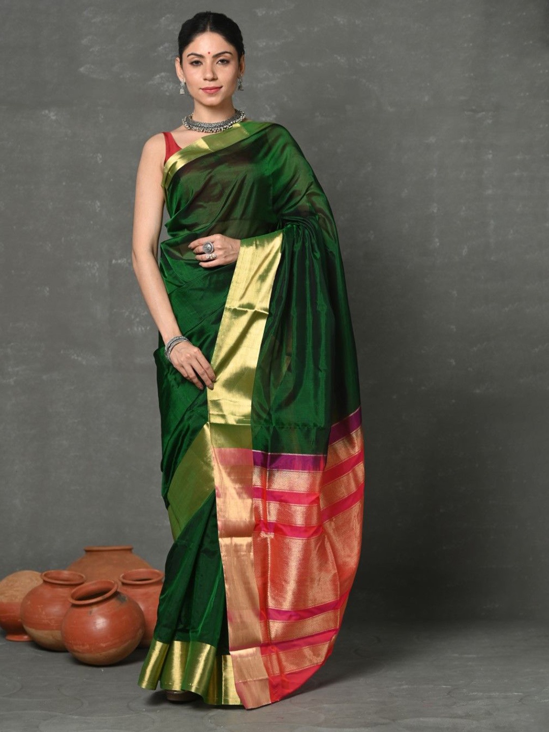 

Very Much Indian Solid Zari Saree With Blouse Piece, Green