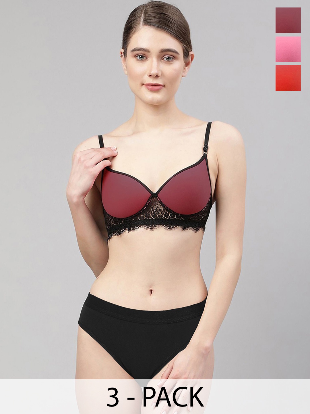 

AROUSY Women Pack Of 3 Lace Lingerie Set, Red