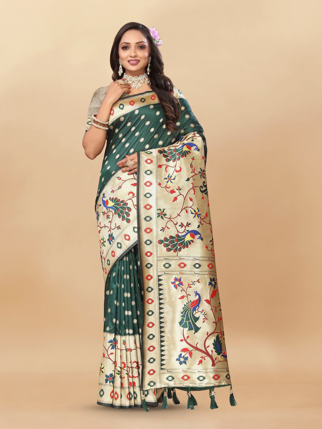 

MOKSHA DESIGNS Ethnic Motifs Zari Pure Silk Paithani Saree, Green