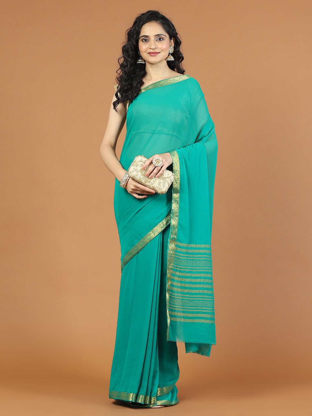 

Meena Bazaar Zari Poly Chiffon Saree, Green