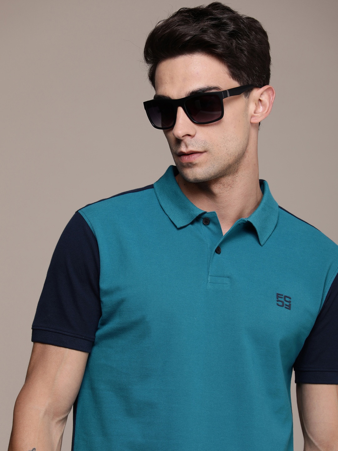 

French Connection Colourblocked Polo Collar Pure Cotton T-shirt, Teal