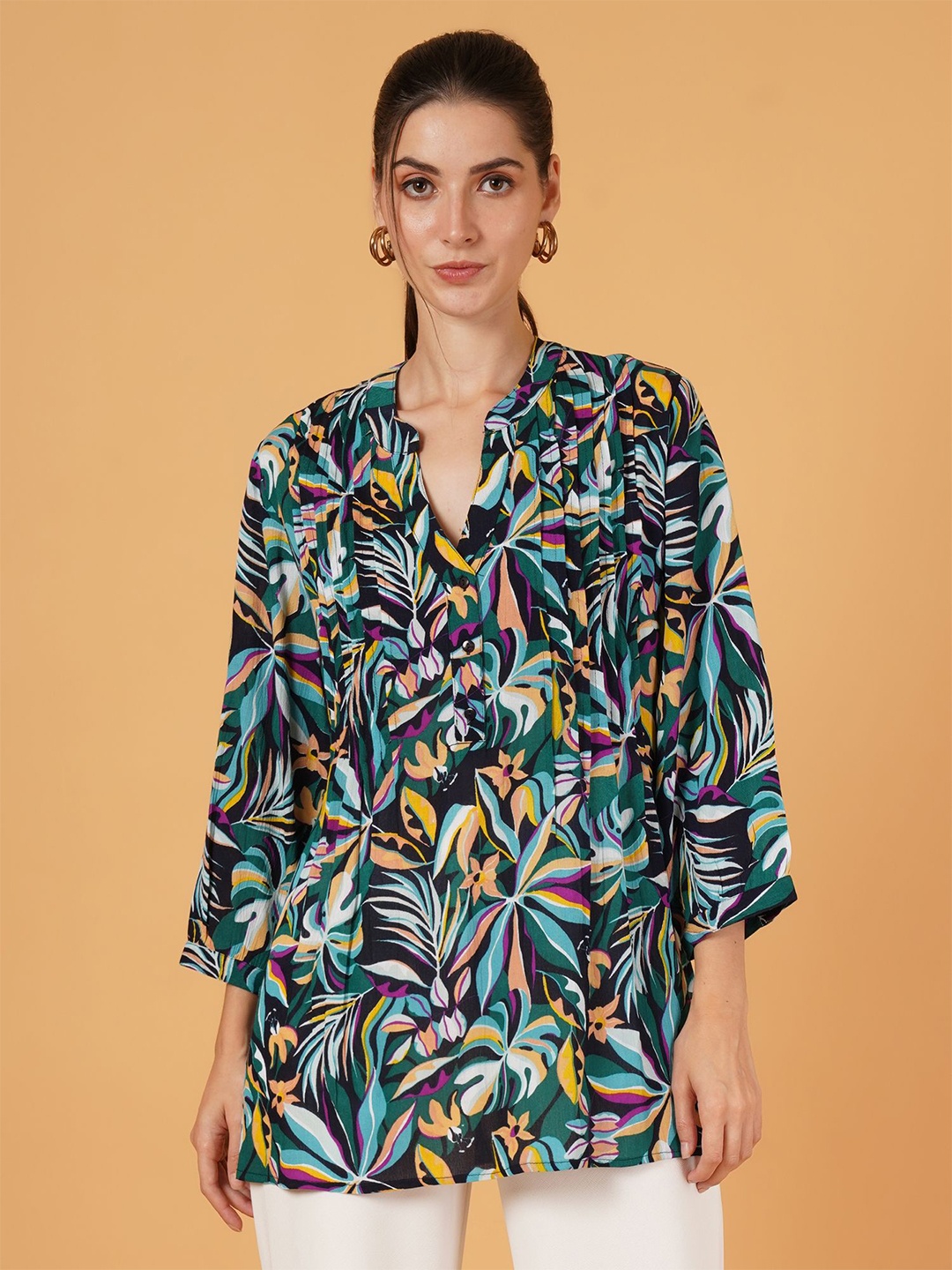 

IX IMPRESSION Print Mandarin Collar Longline Top, Green