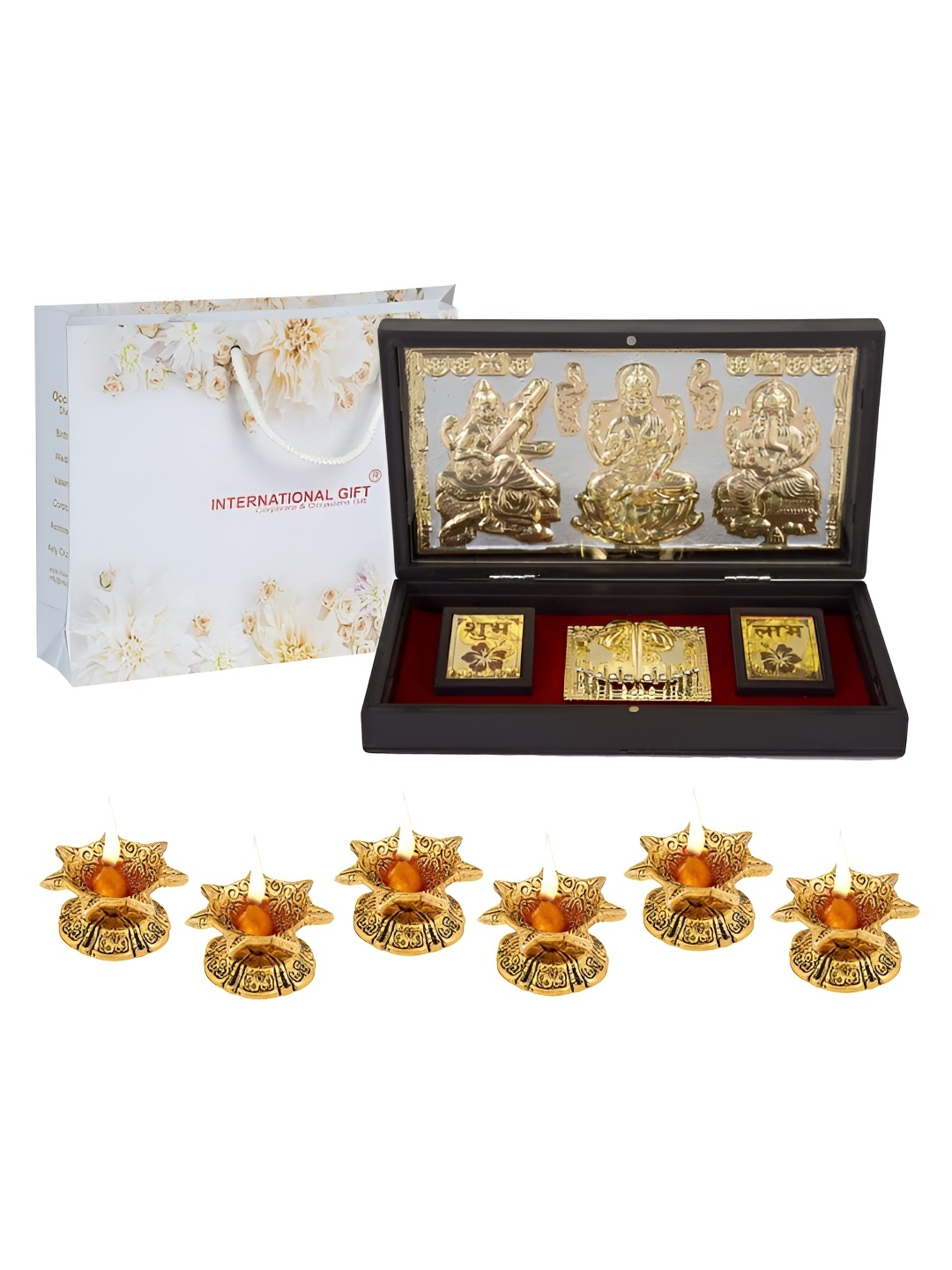 

INTERNATIONAL GIFT Gold-Toned Lakshmi Ganesh Saraswati Charan Paduka with 6 Diyas