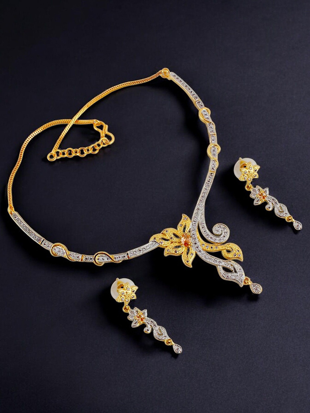 

LUCKY JEWELLERY Gold-Plated American Diamond Stone-Studded Jewellery Set