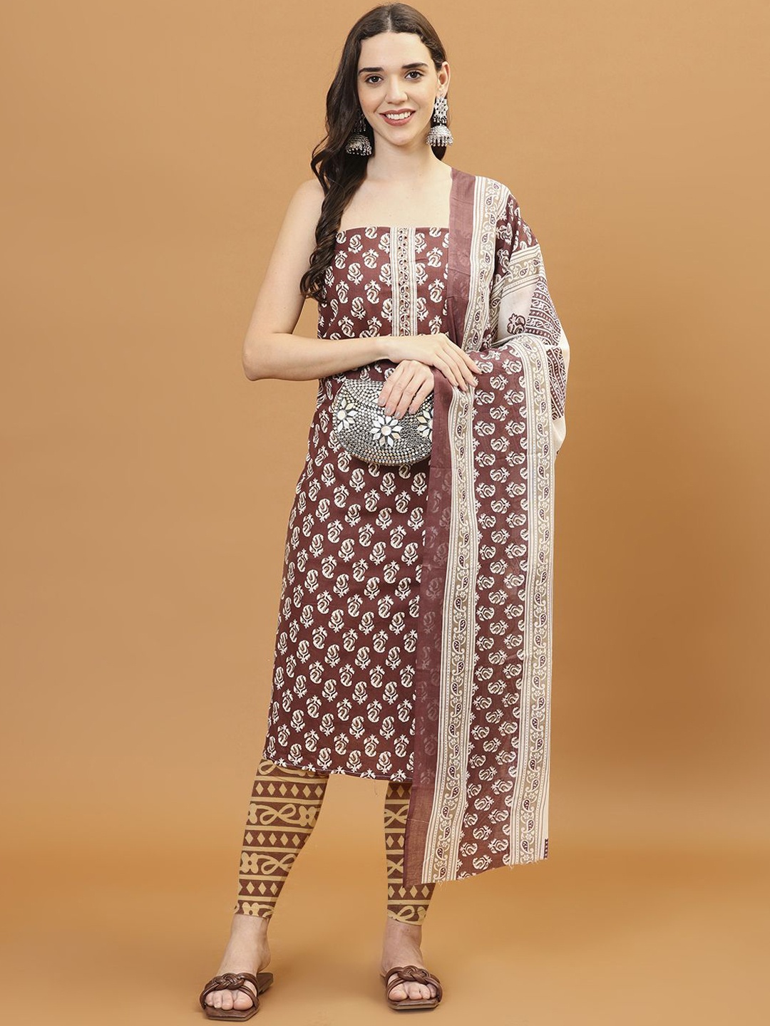 

Meena Bazaar Floral Printed Unstitched Dress Material, Brown