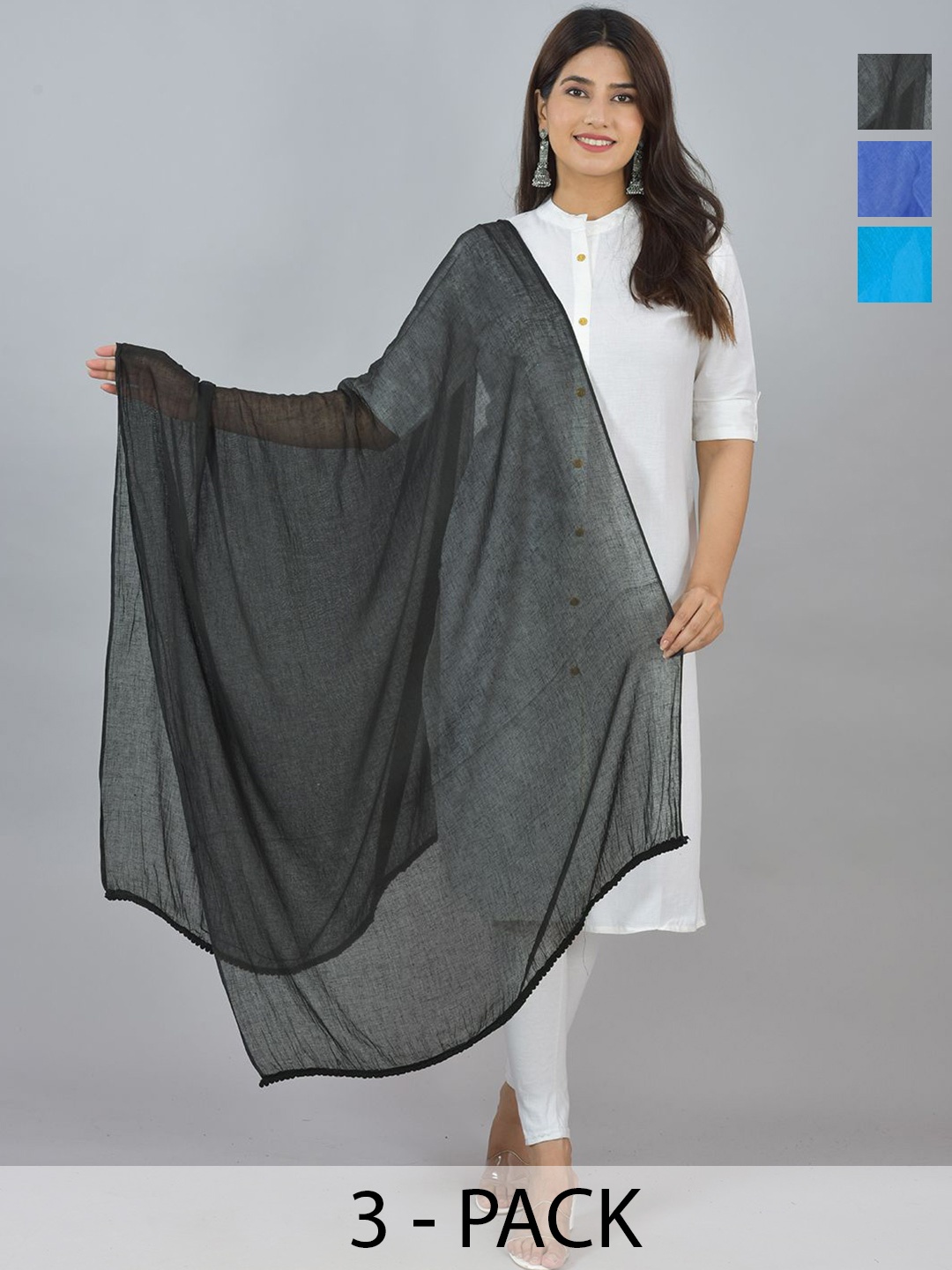 

LA FEMINAE Pack Of 3 Pure Cotton Dupattas, Black