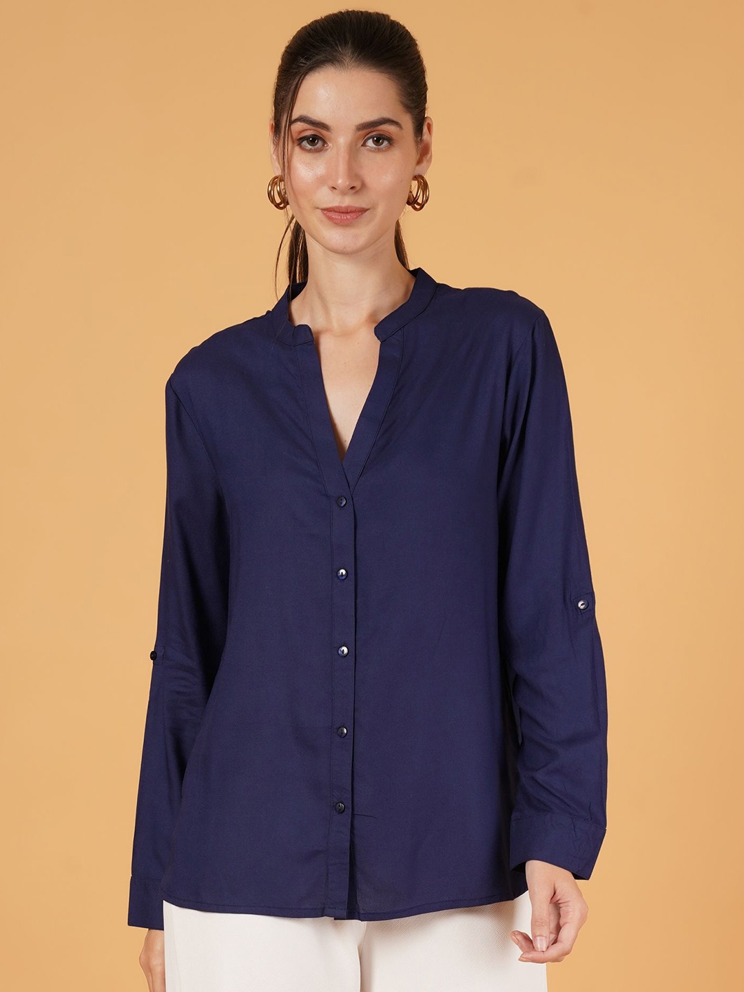 

IX IMPRESSION Women Oversized Solid Button Down Mandarin Collar Top, Navy blue