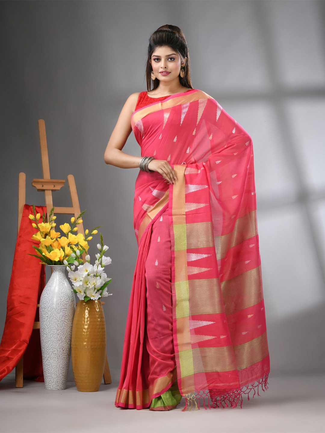 

Charukriti Ethnic Motifs Zari Pure Cotton Heavy Work Saree, Pink