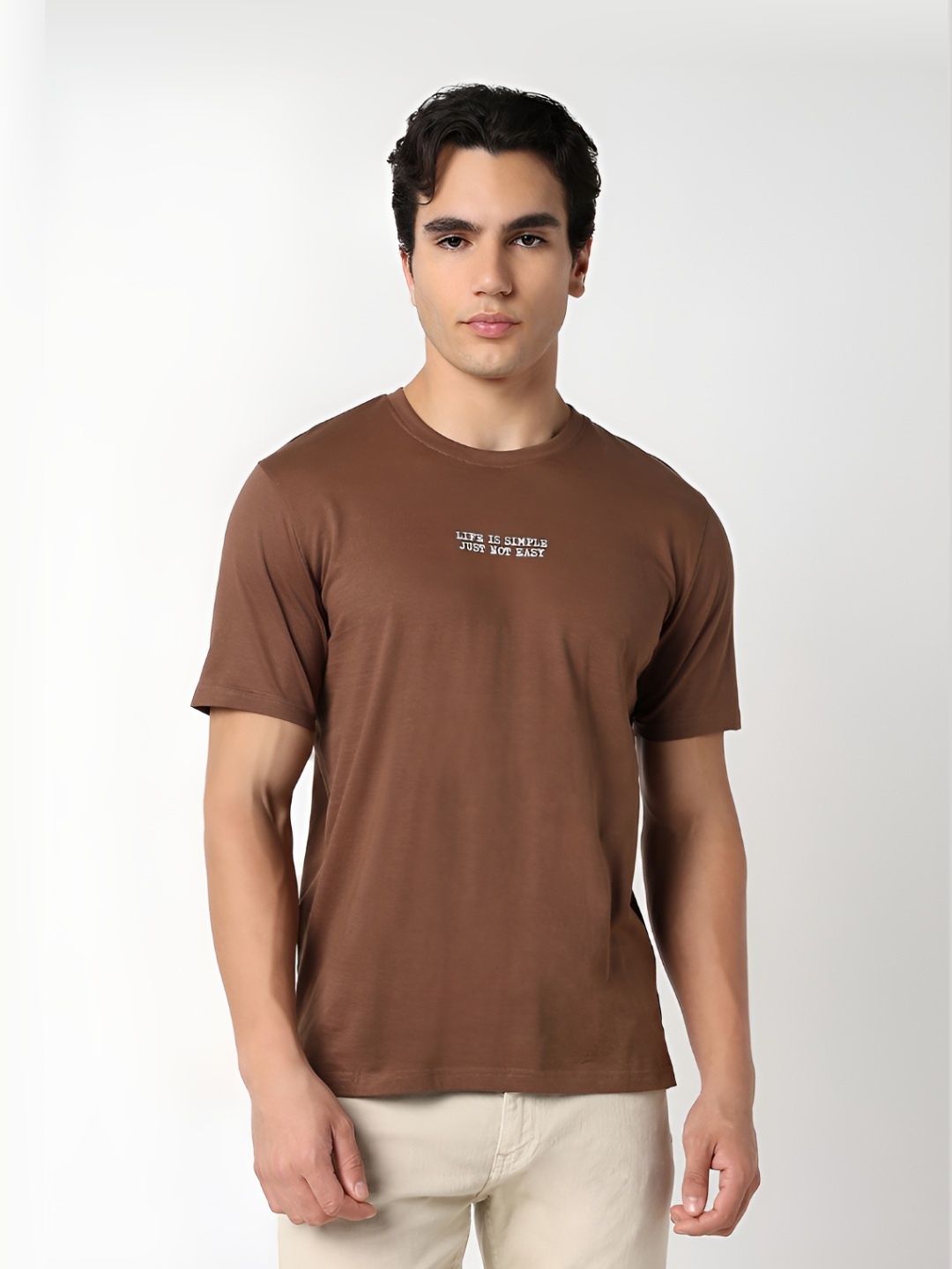 

R&B Men Typography Printed Round Neck Cotton T-shirt, Brown