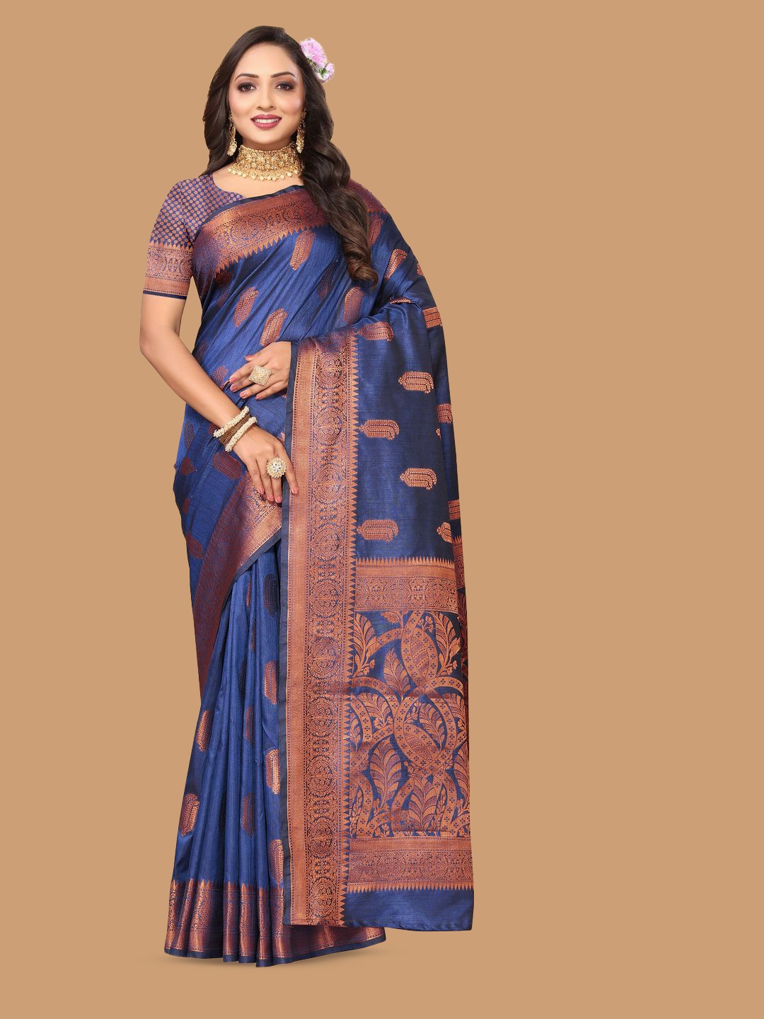 

MOKSHA DESIGNS Ethnic Motifs Zari Pure Silk Kanjeevaram Saree, Navy blue