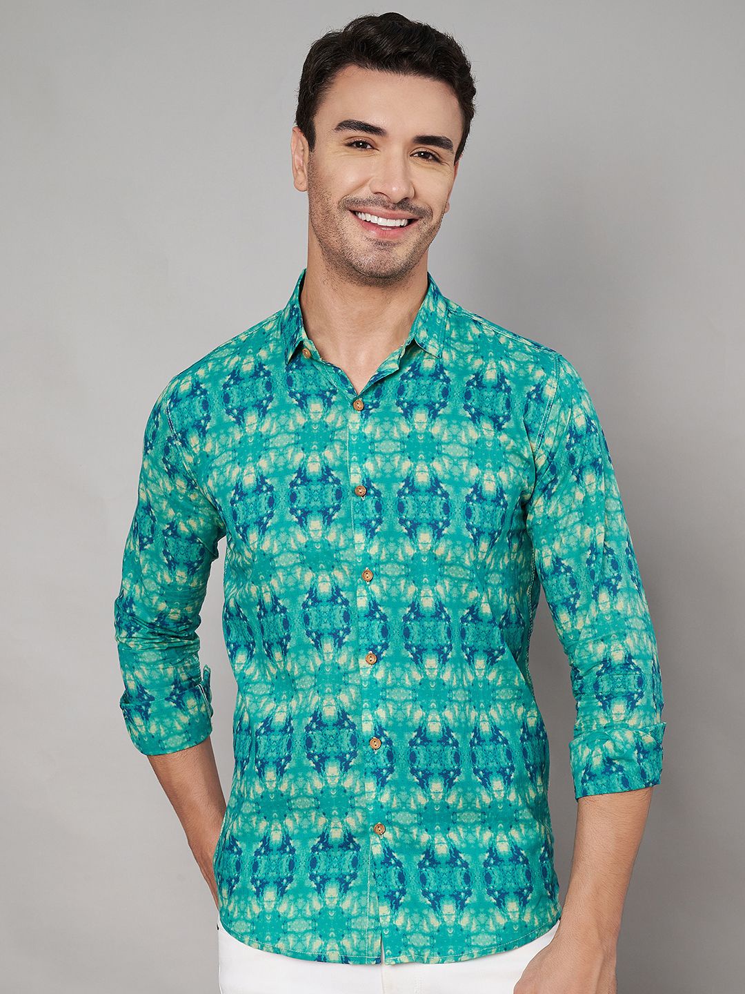 

KALINI Men Classic Opaque Printed Casual Shirt, Turquoise blue