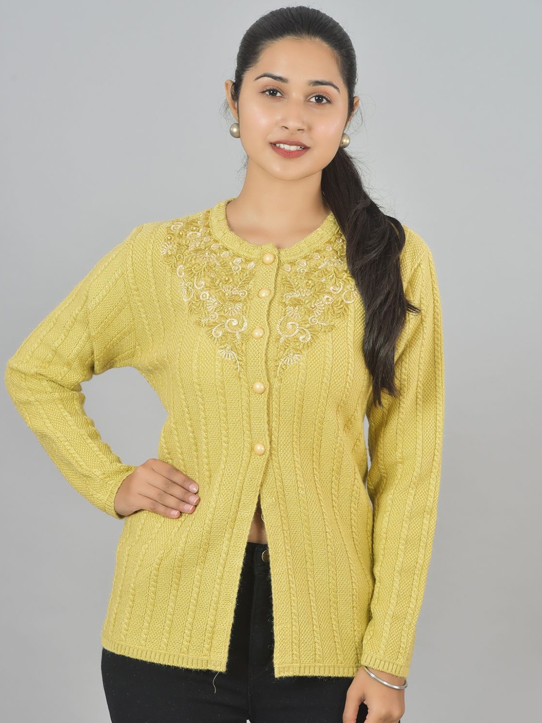 

BAISA Women Embroidered Woollen Cardigan with Embellished Detail, Mustard
