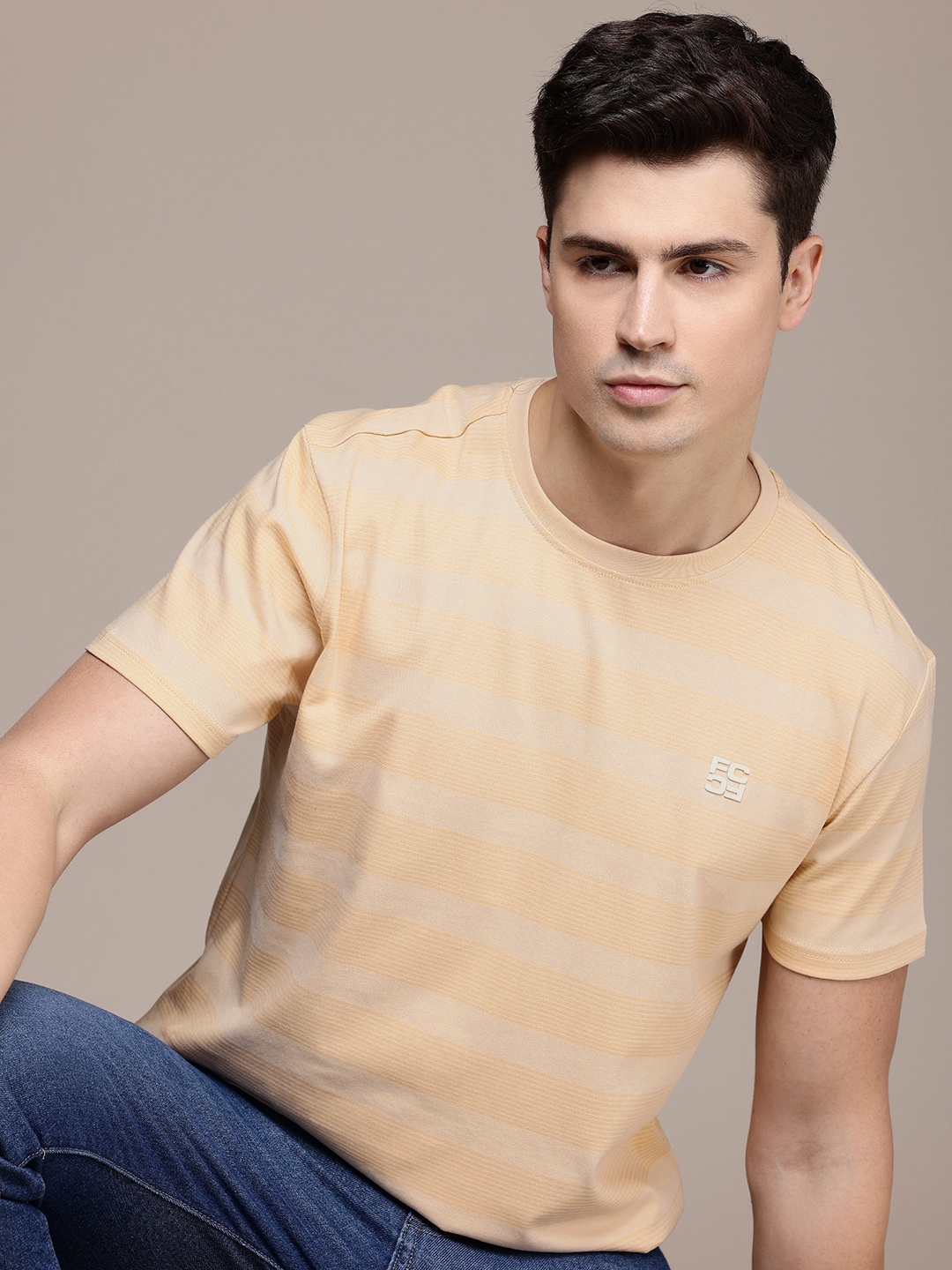 

French Connection Striped Pure Cotton T-shirt, Beige