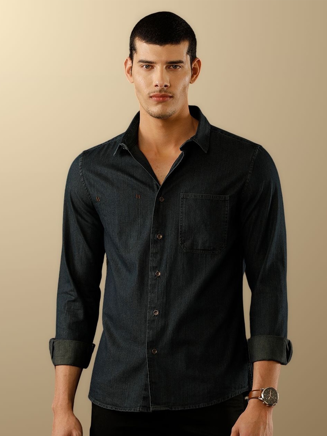 

TEMPLE OF DENIM Men India Slim Spread Collar Solid Denim Casual Shirt, Navy blue