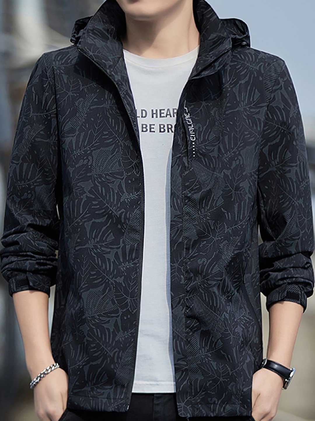 

StyleCast x Revolte Men Printed Open Front Hooded Jacket, Black