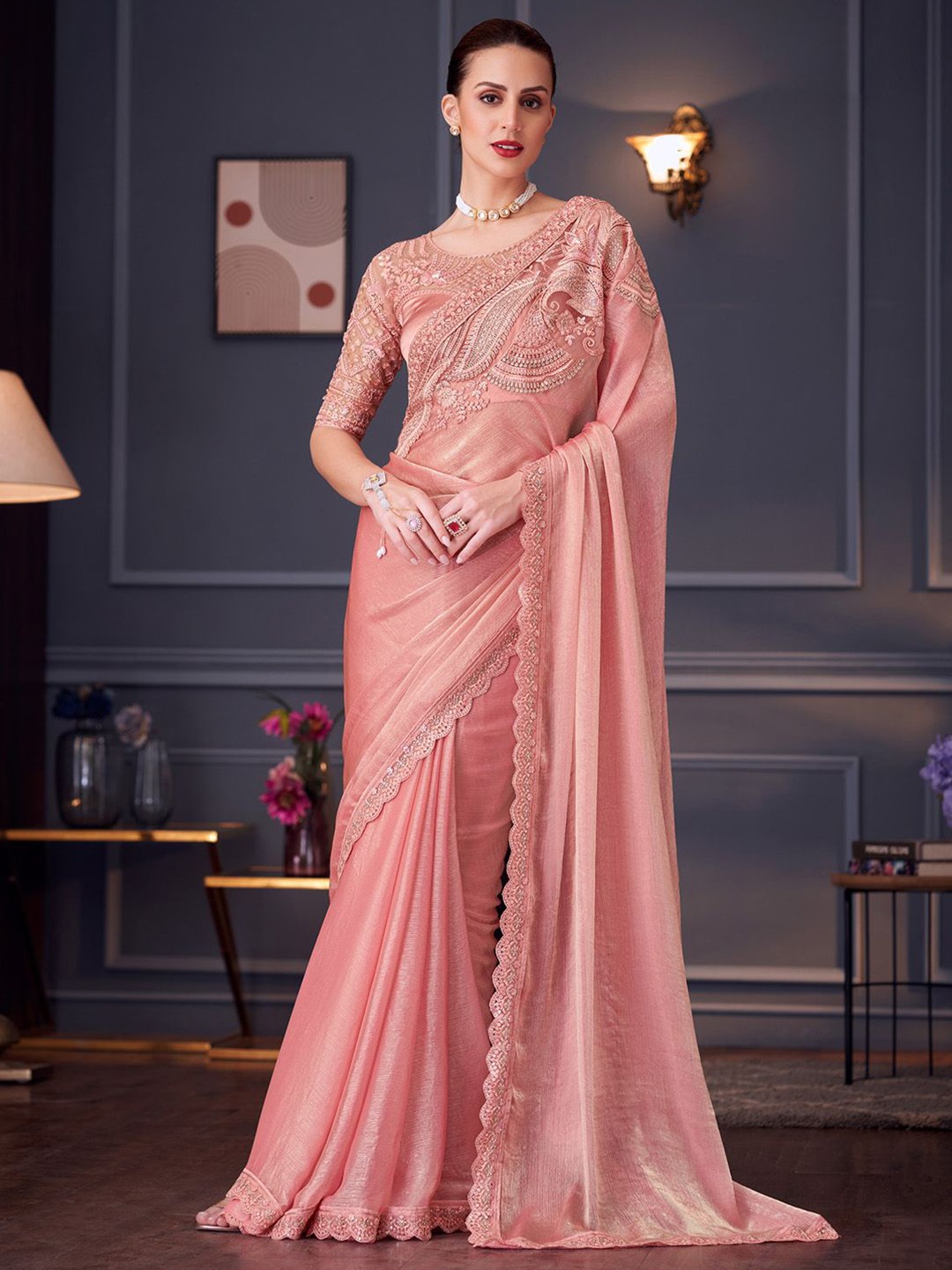 

Mitera Embroidered Pure Chiffon Saree, Peach