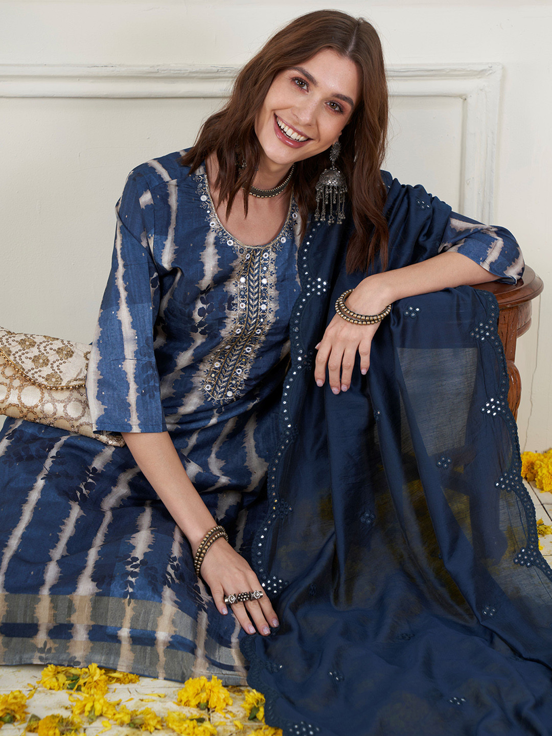 

Anouk Ethnic Motifs Embroidered Mirror Work Chanderi Silk Kurta With Trousers & Dupatta, Blue