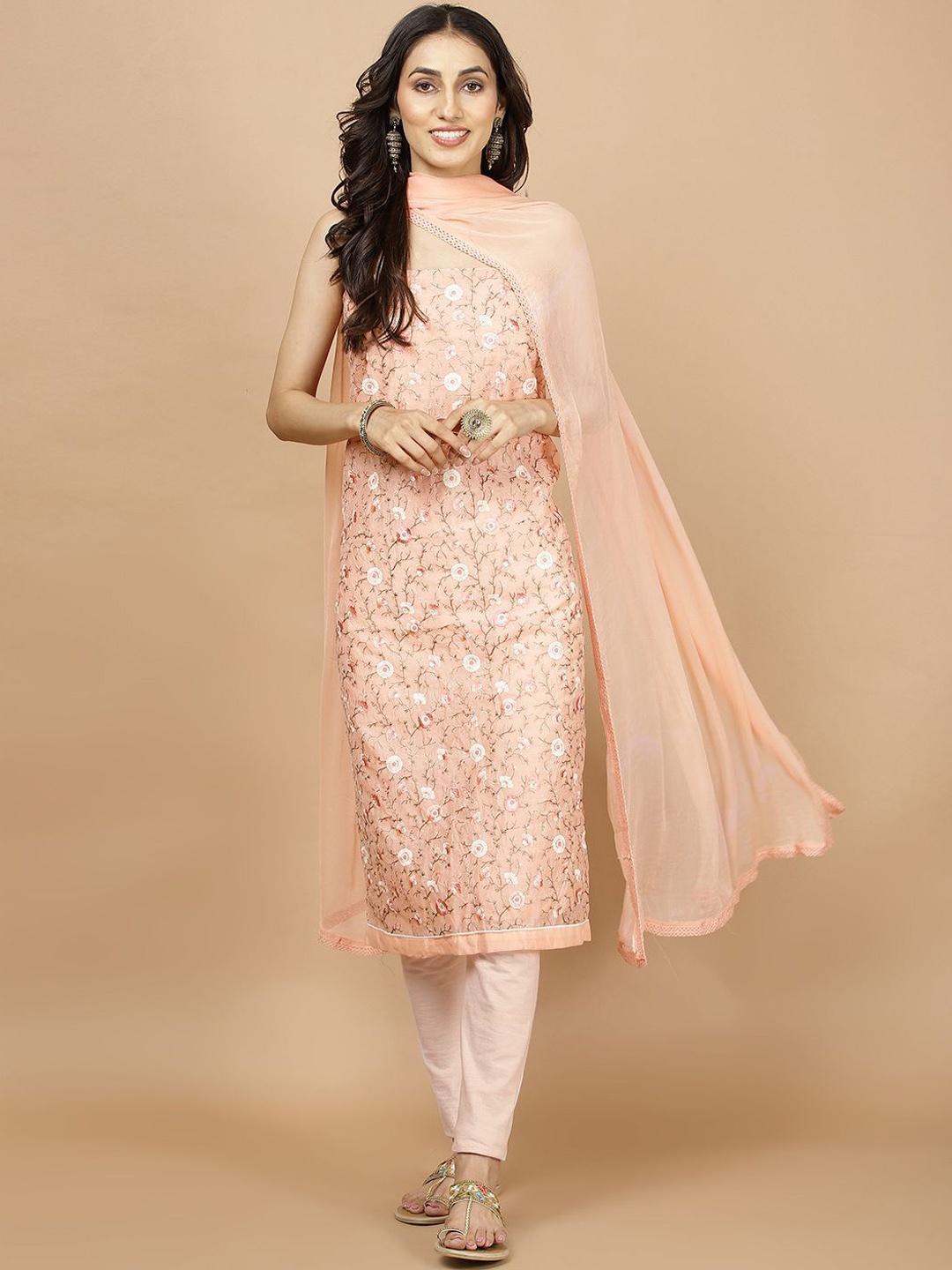 

Meena Bazaar Floral Printed Unstitched Dress Material, Peach