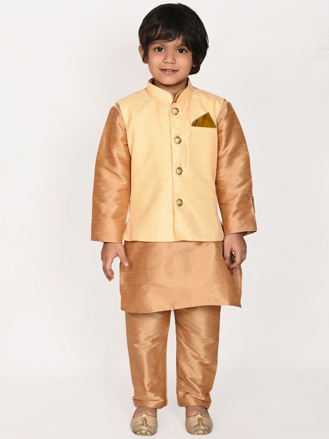

Pehanaava Boys Mandarin Collar Kurta with Pyjamas & Waistcoat, Gold