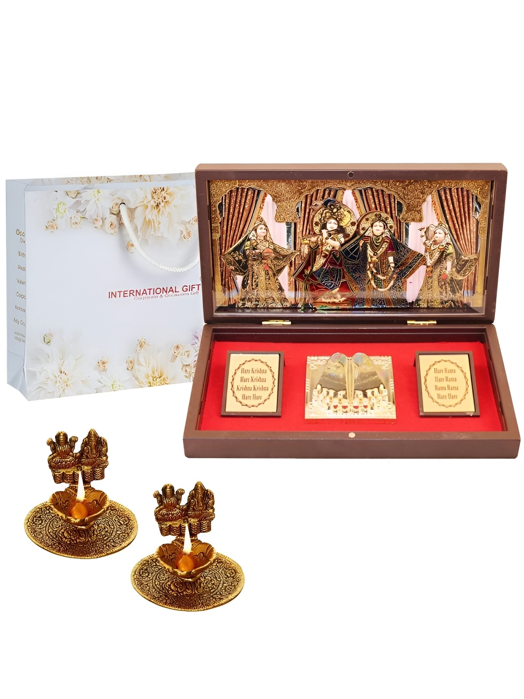 

INTERNATIONAL GIFT Gold-Toned Radha krishna Photo Frame with Charan Paduka & Diya