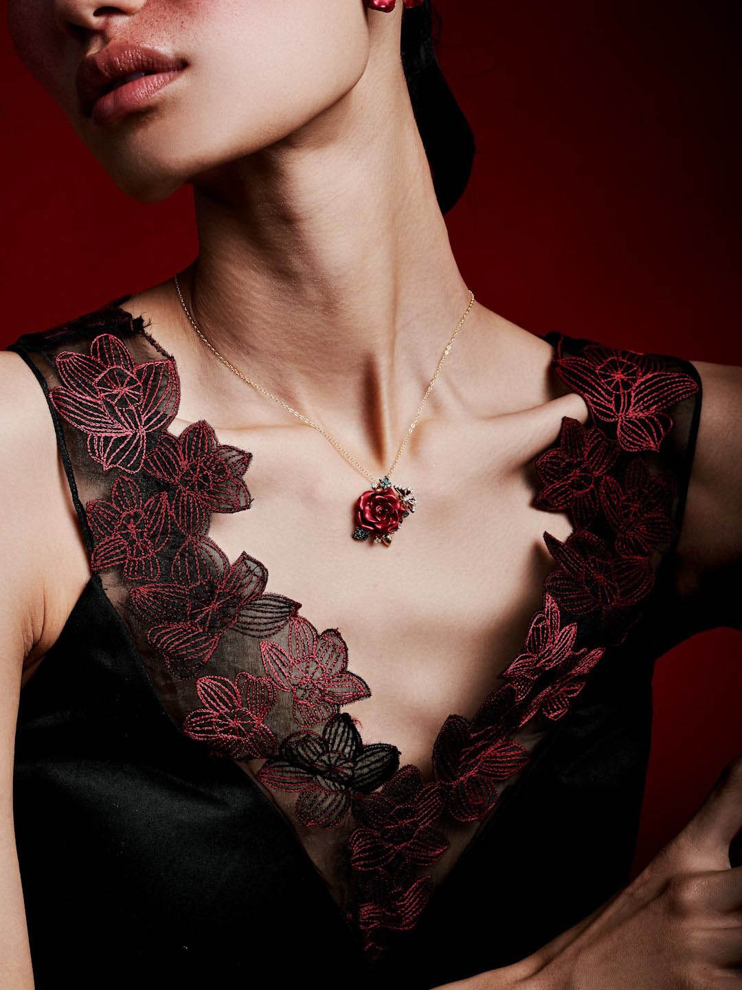

MISS JO Gold-Plated Floral Necklace and Earrings, Red