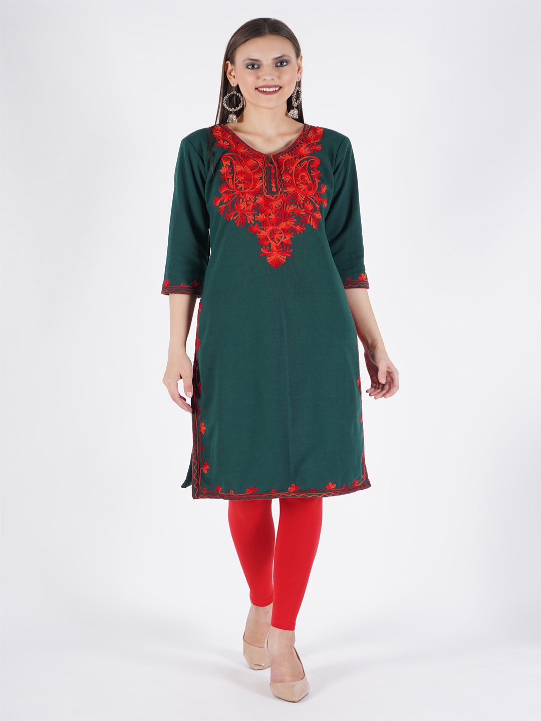 

Trend Level Women Embroidered Woollen Kurta, Green