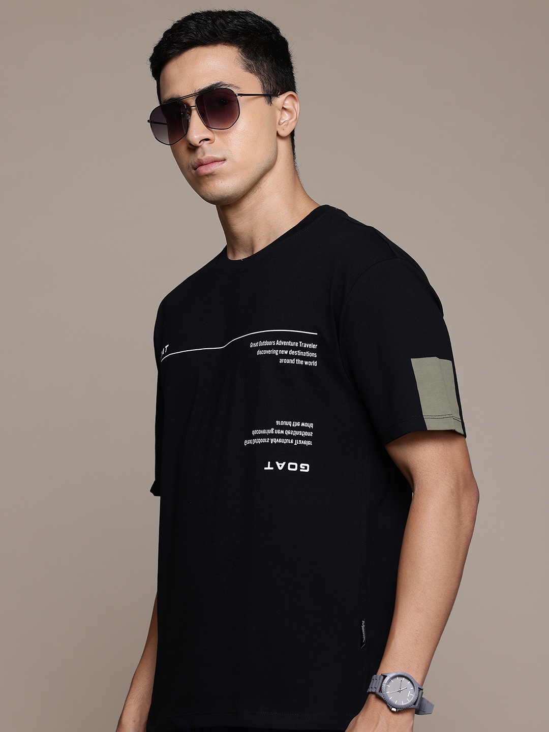 

The Roadster Lifestyle Co. Typography Drop-Shoulder Sleeves Pure Cotton T-shirt, Black