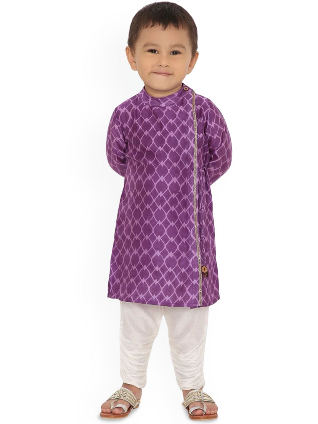 

Miko Lolo Boys Ethnic Motifs Printed Angrakha Aari Work Chanderi Silk Kurta with Churidar, Purple