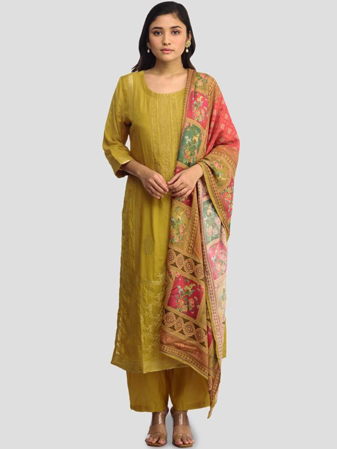 

ISHKIYA Women Floral Embroidered Regular Kurta with Trousers & With Dupatta, Mustard