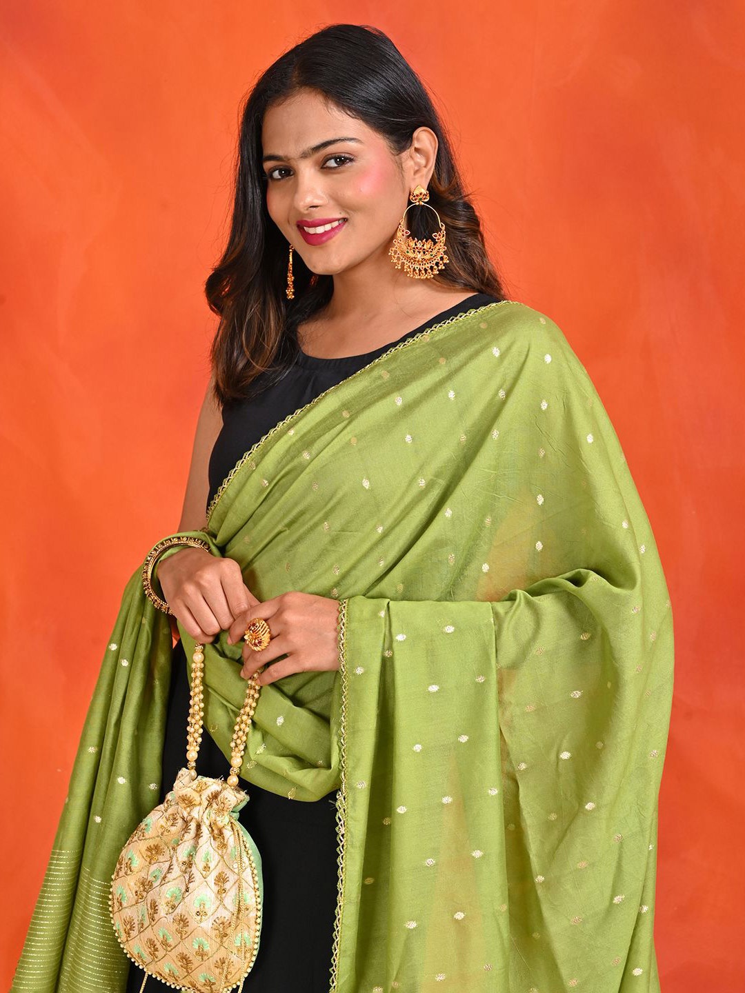 

HELLA FASHIONS Woven Design Dupatta with Zari, Lime green