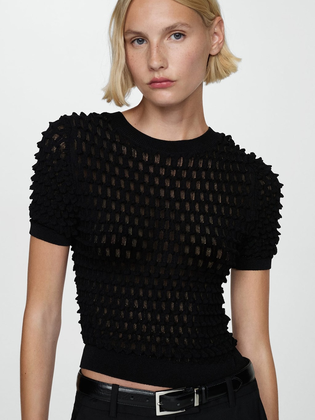 

MANGO Textured Knitted Top, Black