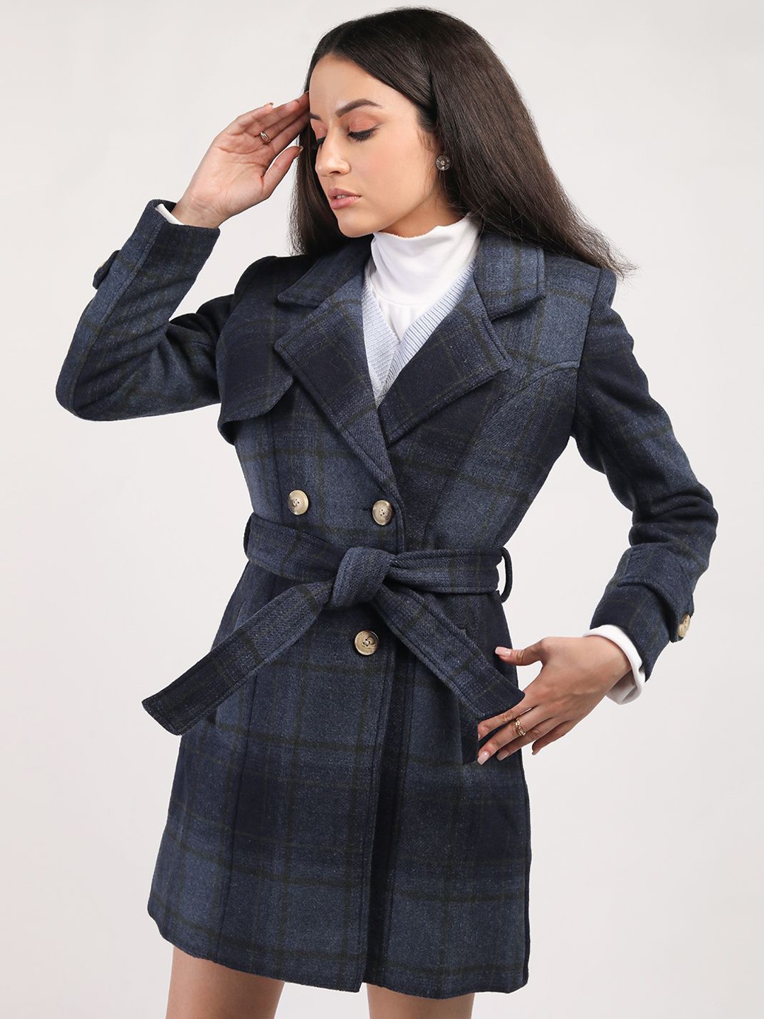 

HONNETE Women Checked Double-Breasted Overcoats, Blue