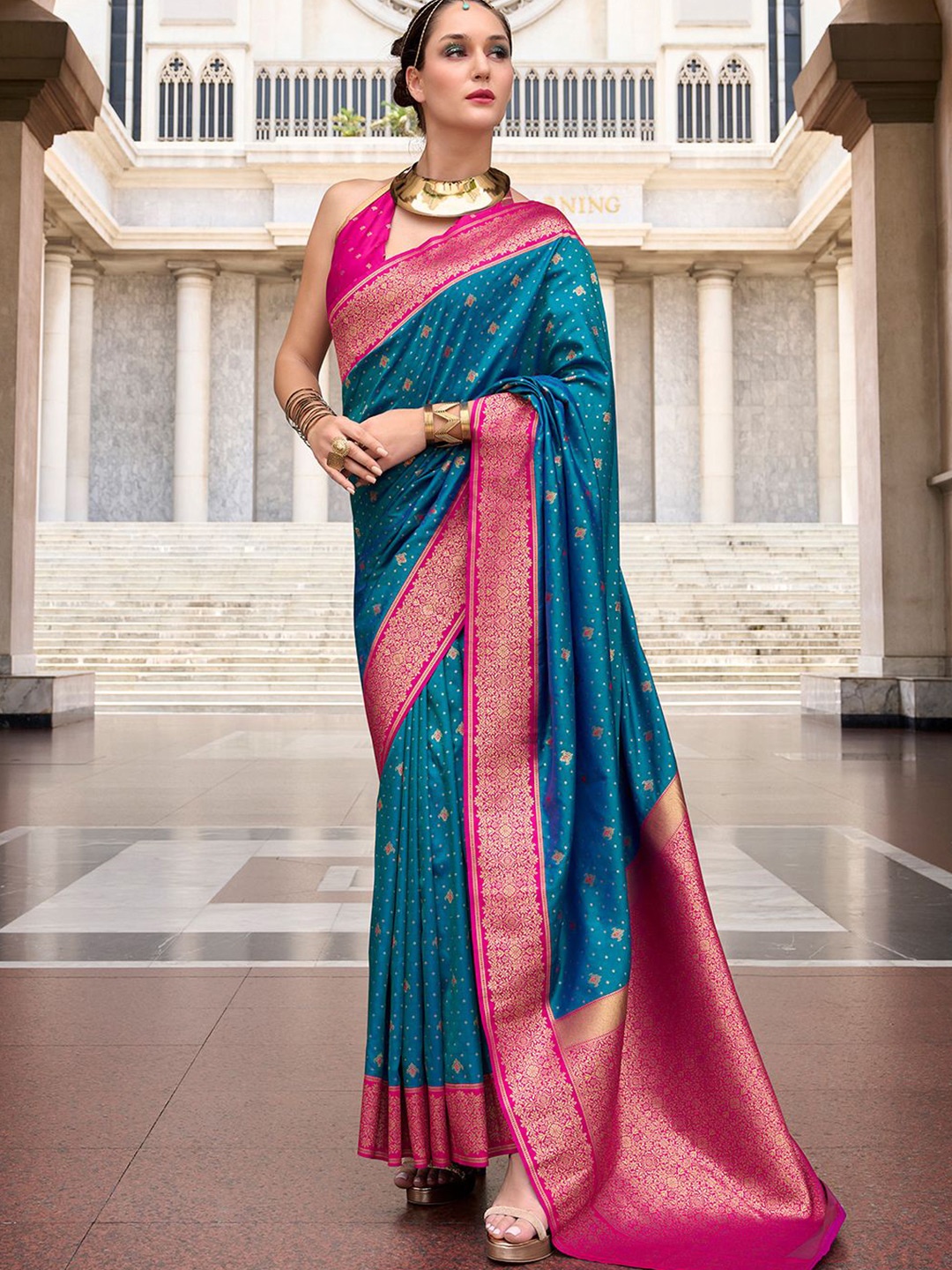 

Satrani Woven Design Zari Pure Silk Kanjeevaram Saree, Blue