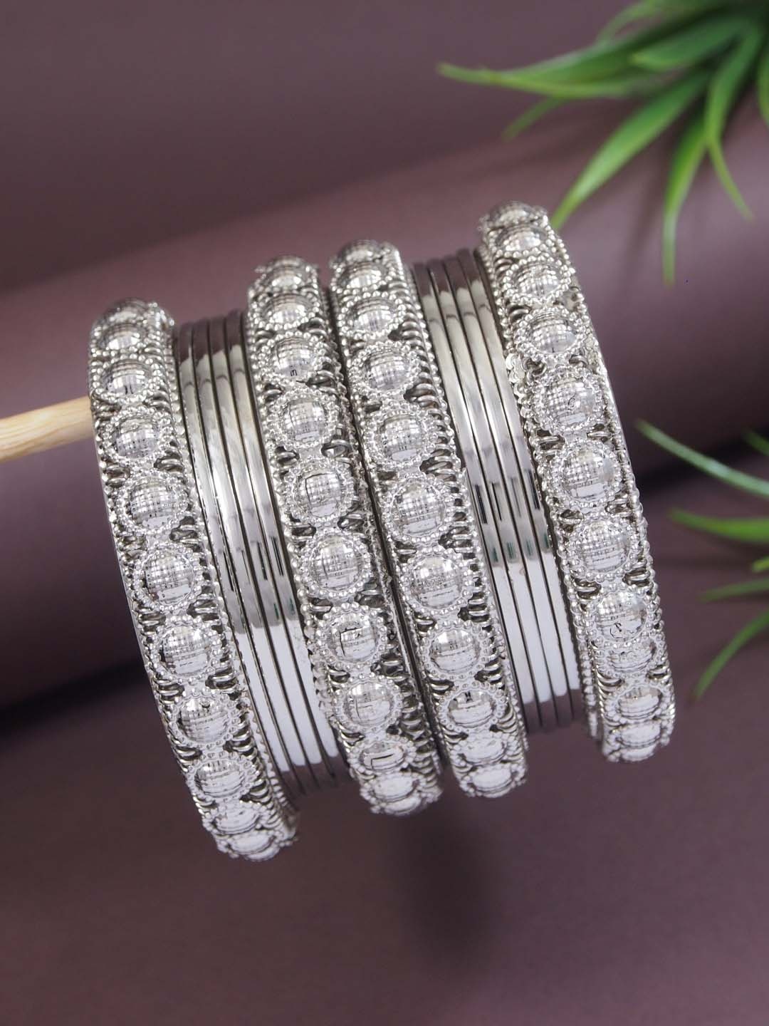 

I Jewels Set Of 12 Silver-Plated Stone Studded Textured Navratri Ethnic Bangles