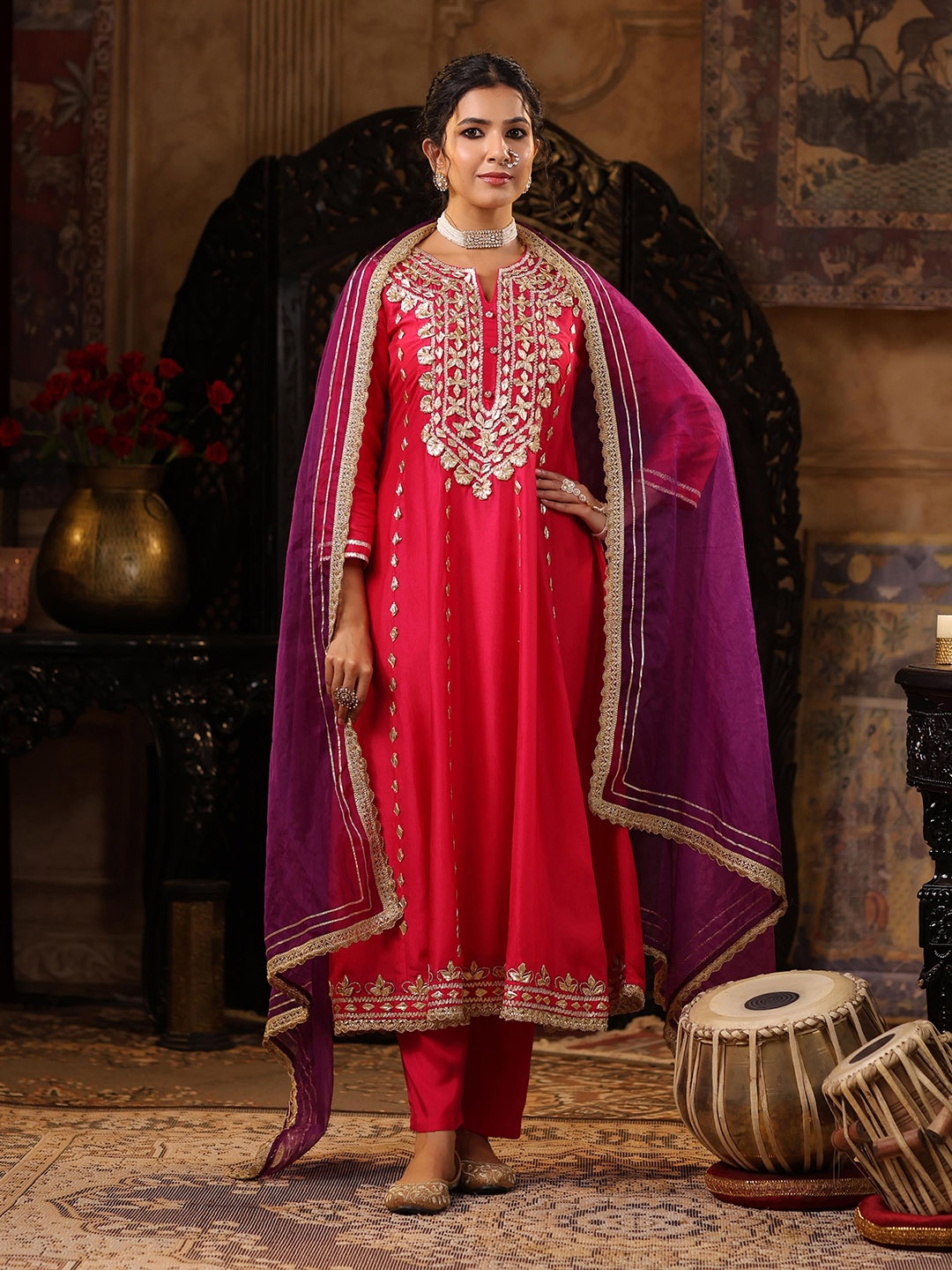 

SCAKHI Floral Yoke Design Panelled Gotta Patti Anarkali Kurta With Trousers & Dupatta, Fuchsia